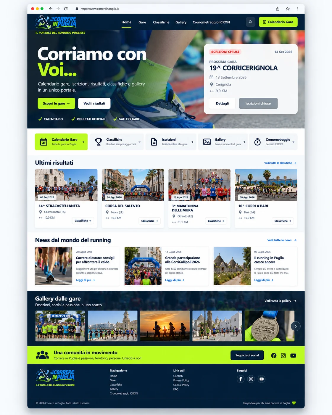 Anteprima completa della nuova homepage di Correre in Puglia