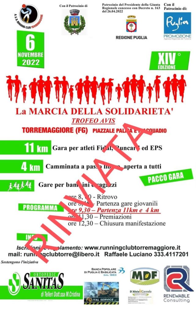 14^ MARCIA DELLA SOLIDARIETA’: RINVIATA