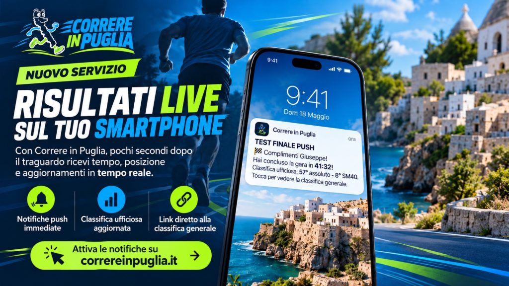 Il risultato arriva sullo smartphone: su Correre in Puglia debuttano le notifiche live