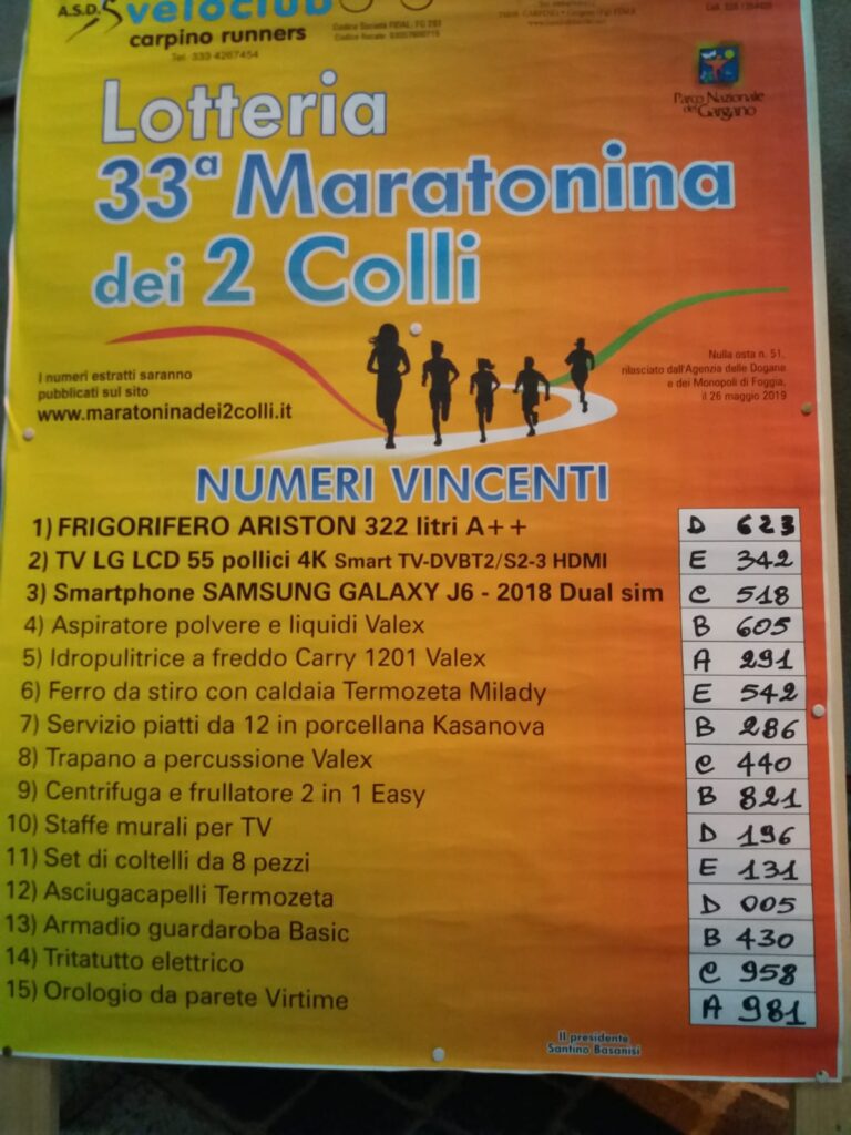 ECCO I BIGLIETTI VINCENTI DELLA LOTTERIA DELLA MARATONINA DEI 2 COLLI