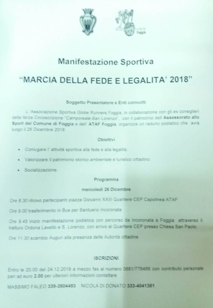 A FOGGIA SI CORRE LA MARCIA DELLA FEDE E DELLA LEGALITA’