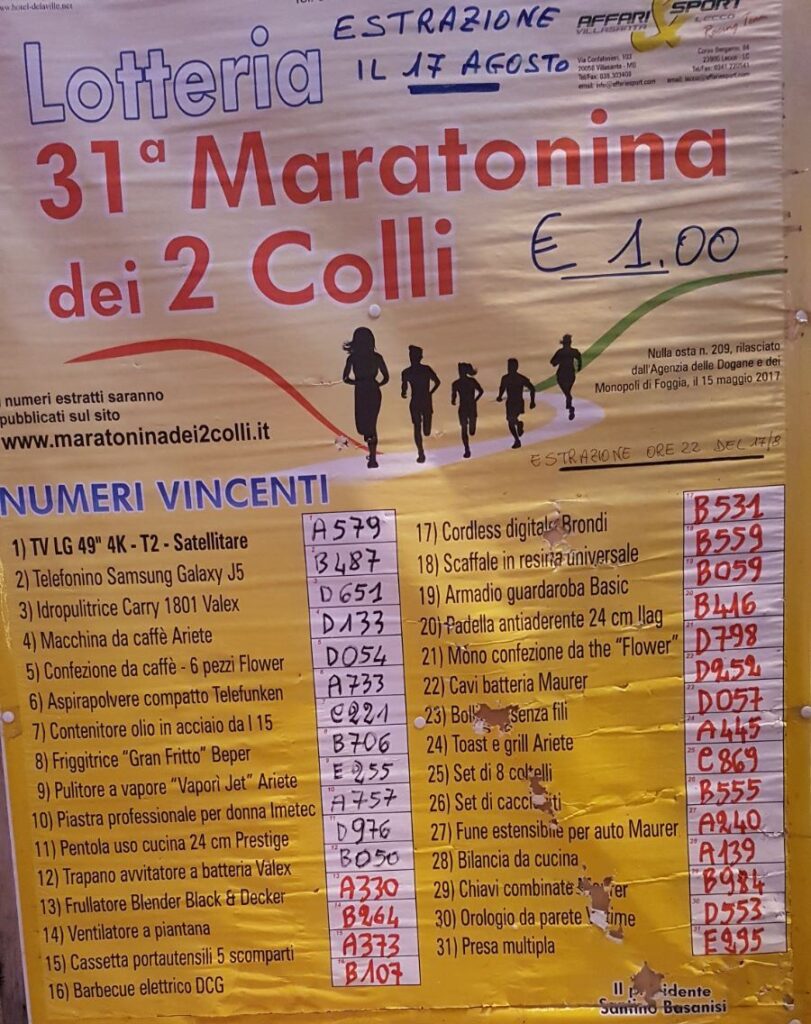 31^MARATONINA DEI 2 COLLI: BIGLIETTI VINCENTI